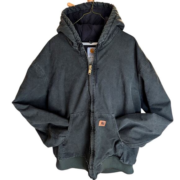 Carhartt J130 MOS Moss Green Hood Duck Canvas Mens 2XL Work Faded Jacket VTG - Picture 1 of 13